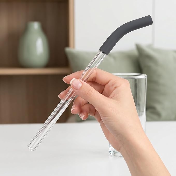ibasenice 1 Set Reusable Glass Straws with Silicone Base - Replacement Straws Compatible for Ninja BlendBOSS Smoothie Blender Tumbler - Paired with Cleaning Brush
