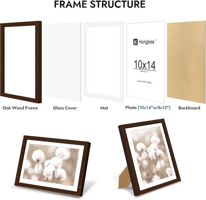 Hongkee 10x14 Oak Wood Picture Frame 1 Pack(Matted 8x12), Real Glass Cover | Walnut, 10 x 14 Solid Wood Frame for Wall or Tabletop Display - Includes Easel Back, Vertical Hang - Ideal for Home, Office
