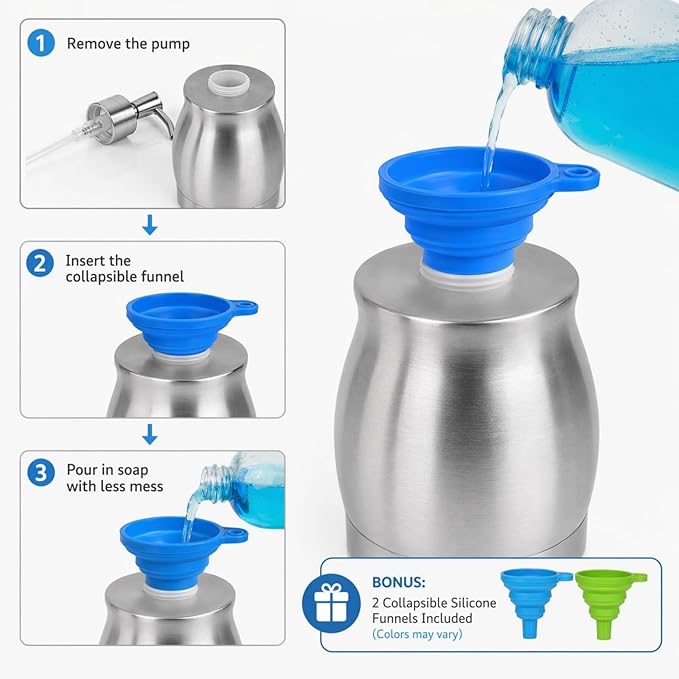 Stainless Steel Countertop Soap Dispenser Liquid Bottle and Pump, Suitable for Various Places Such as Kitchen and Bathroom (Brushed Nickel, 390 ml/13 oz)