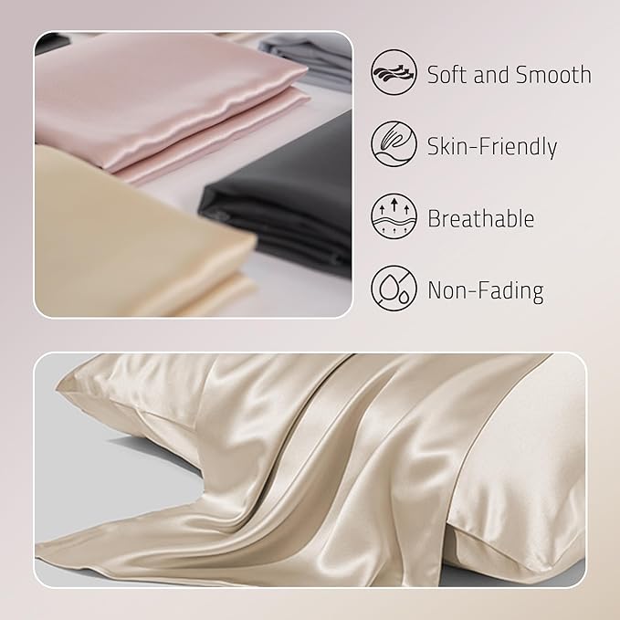 Gabire Mulberry Silk Queen Size Pillow Cases for Hair and Skin, Ultra Smooth Cooling Acne Pillow Case with Hidden Zipper Both Sides Real Silk Pillow Cases Queen (20"×30"), Beige