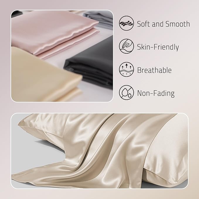 Gabire Mulberry Silk Pillow Cases Set of 2, Both Sides Real Silk Pillowcase for Hair and Skin Prevent Acne Pillowcase Organic Silk Pillow Cases 2 Pack with Hidden Zipper, Beige, Standard (20"×26")