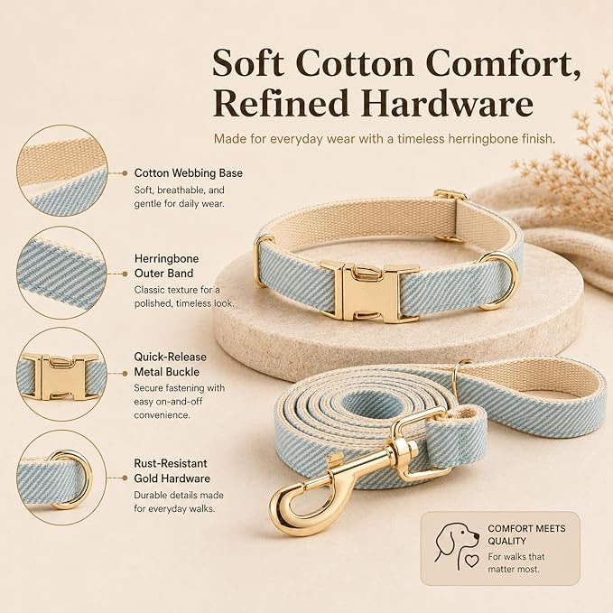 Herringbone Tweed Dog Collar and Leash Set for Small Dogs, Light Blue | Snag-free, no-rub design. Soft breathable cotton, gentle on fur. Adjustable durable matching combo for walks & outdoors.
