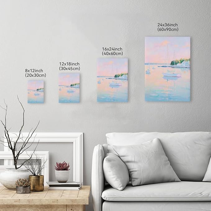 Coastal Pink Wall Art Set of 3 Maximalist Ocean & Beach Landscape Canvas Poster Trendy Sailboats Flowers Sunset Painting Pastel Picture Prints for Bedroom Home Decor 8x12inch Gold Framed