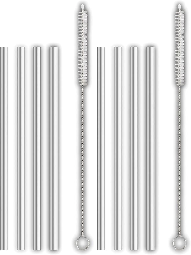HIC Kitchen Bar Reusable Cocktail Straws with Cleaning Brush, 18/8 Stainless Steel, Set of 4 (Pack of 2)