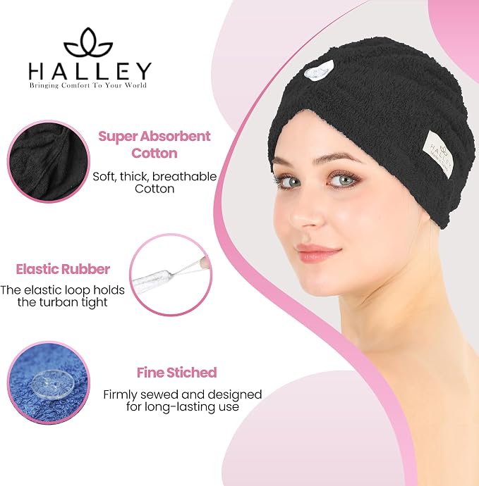 HALLEY Cotton Hair Towel Wrap (3 Packs) Super Absorbent Fast Drying Hair Towel for Thick Hair Turbans for Wet Hair with Button (Black, White, Blue)