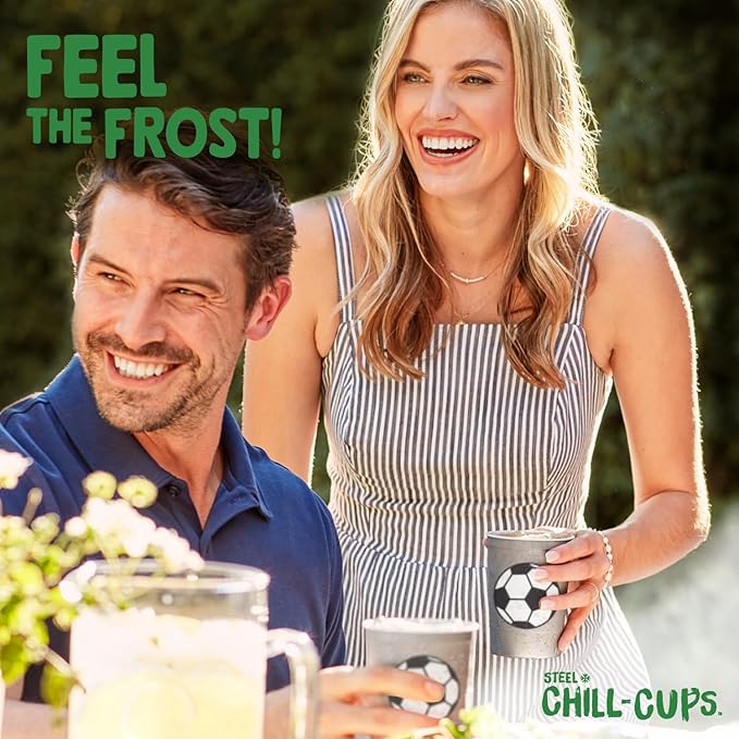 Steel Chill Cups 16 oz. Party Cup Soccer Design for Cold Drinks, Durable, Disposable, Recyclable, Made in USA, Gray, 12 Count