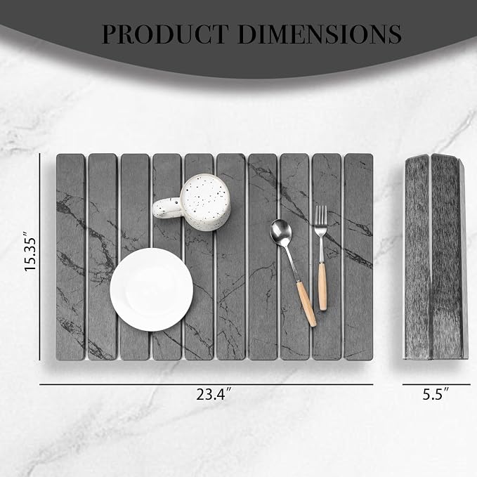 Large Stone Dish Drying Mat for Kitchen Counter ,24×16 inch Marble Diatomaceous Earth Drying Mat ,Foldable Dish Quick Dry Mats ,Multi-purpose Dry Stone Mats for Dishware and Cups