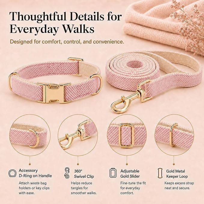 Herringbone Tweed Dog Collar and Leash Set for Small Dogs, Pink | Snag-free, no-rub design. Soft breathable cotton, gentle on fur. Adjustable durable matching combo for walks & outdoors.