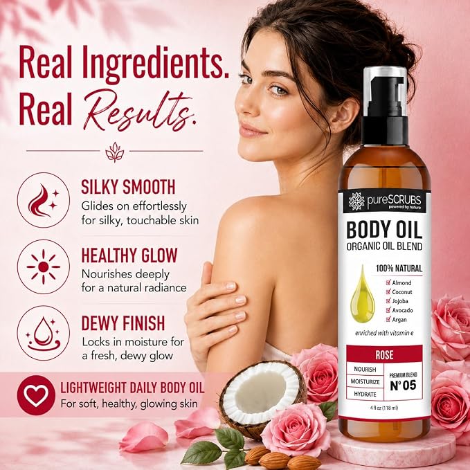 pureSCRUBS Ultra Moisturizing Rose Body Oil for Dry Skin, 4 oz | Luxurious After Shower Body Oil for Soft, Silky, Glowing Skin, Non-Greasy, Fast Absorbing & Hydrating Formula with Vitamin E