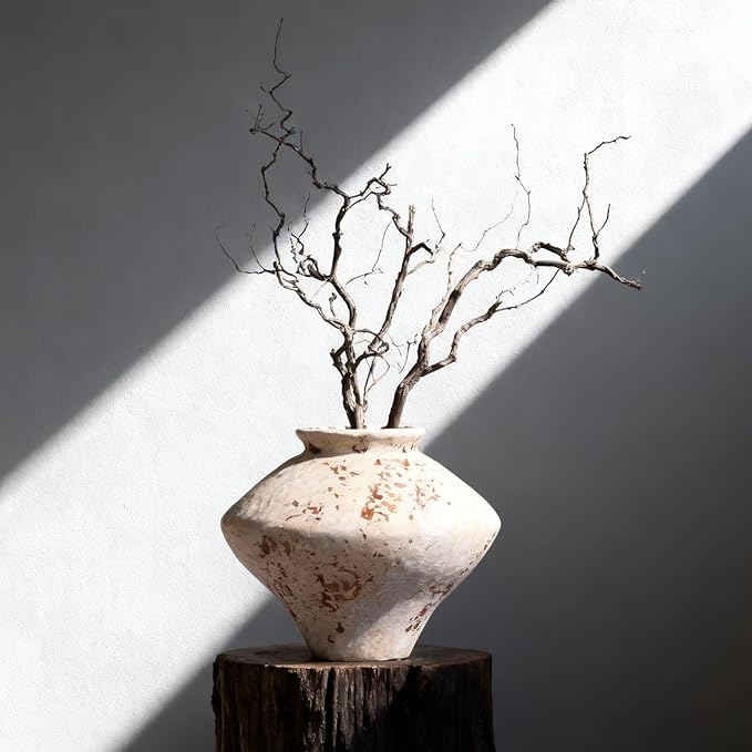 Wabi Sabi Vase 6.7in, Whitewashed Ceramic Vase, Wabi Sabi Decor Vintage Vases for Centerpiece, Round Low Pottery Vase Rustic Farmhouse Decor for Coffee Table Shelf Entryway