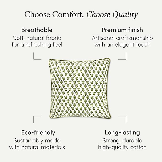 CPC 100% Cotton Throw Pillow Covers 16X16 Green Block Print Pattern Couch Pillow, Cute Boho Decorative Pillows for Living Room, Bedroom with Hidden Zipper- Emerald Green