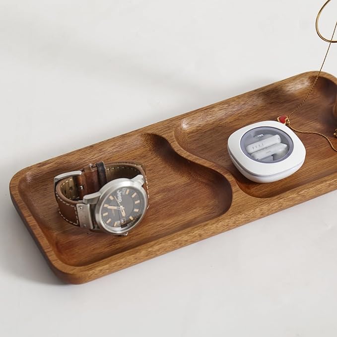 Solid Acacia Wood Key Tray and Bowl for Entryway Table - Jewelry Tray With 3 Hooks, Open Storage for Wallet, Glasses, Watches, Lipstick (Acacia, Rectangle)