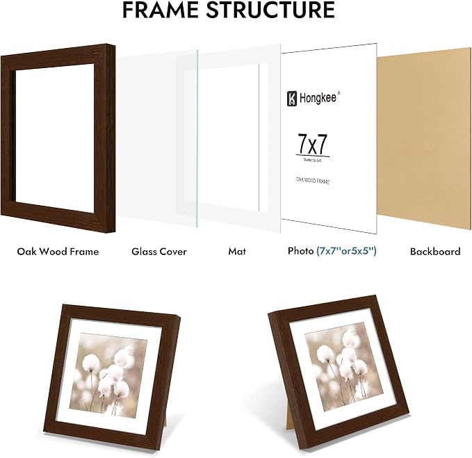 Hongkee 7x7 Oak Wood Picture Frame 1 Pack(Matted 5x5) with Real Glass Cover | Walnut, 7 x 7 Solid Wood Frame for Wall or Tabletop Display - Includes Easel Back, Vertical Hang - Ideal for Home, Office