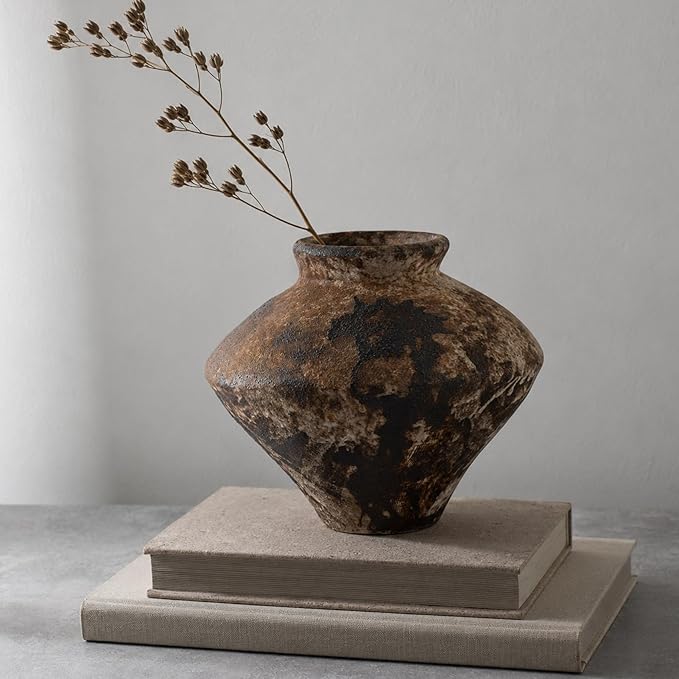 Small Wabi Sabi Rusty Vintage Ceramic Vase, 6.3" Rustic Pottery Vase for Centerpieces, Wabi Sabi Decor Flower Vases for Table, Living Room, Bedroom, Bathroom, Kitchen, Farmhouse Home Decor Gifts
