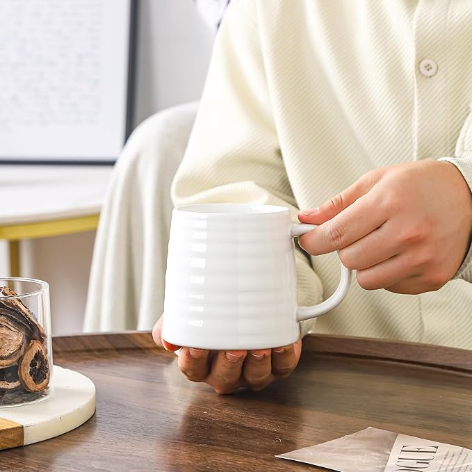 Large Ceramic Coffee Mugs, Handmade Pottery Mug, Tea Cups with Handle for Office and Home, 16 Ounces, Dishwasher and Microwave Safe (White)