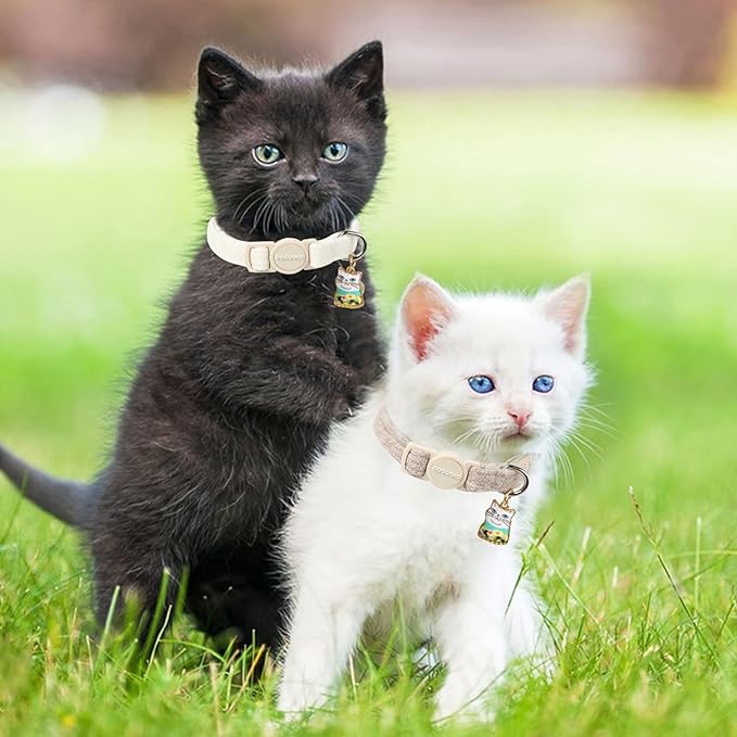 Cat Collar,2 Pack White Hemp Cat Collars Breakaway with Bell, DOGWONG Safety Buckle Wedding Cat Collar for Girl Boy Cats and Small Dogs，Adjustable 7-12 Inch,Pet Supplies Accessories