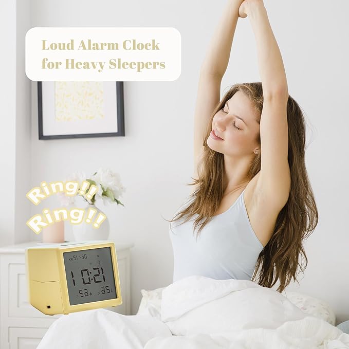 JUSTUP Digital Alarm Clock, Square Silent Alarm Clock with Night Light, Loud Alarm Clock for Heavy Sleepers with Date Temperature Display, Modern Decor Desk Clock Bedroom Office Room (Yellow)