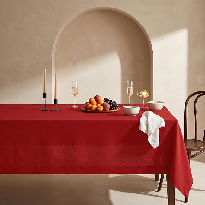 Solino Home Linen Red Tablecloth 60 x 144 Inch - 100% Pure Linen Rectangular Tablecloth - Machine Washable Table Cloth for 4th of July - Fete