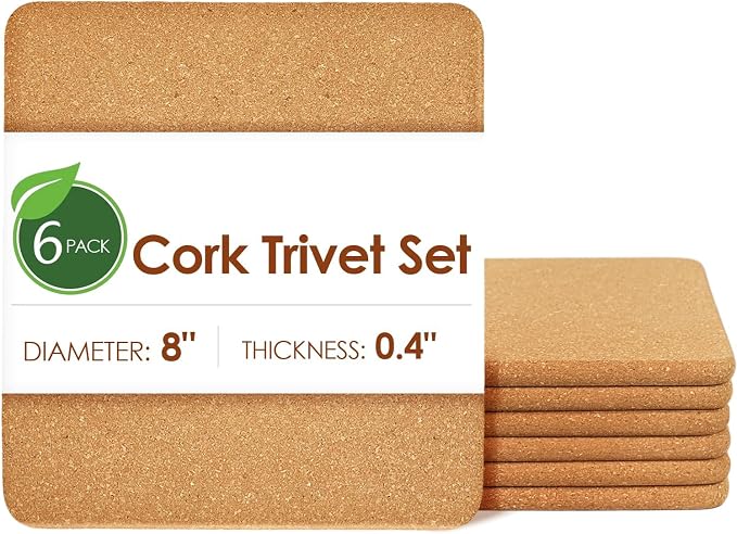 Cork Trivets for Hot Pots and Pans, 6 Pack High-Density Thick Square Pads for Dishes, 8" x 8" Heat Resistant Multifunctional Coasters for Kitchen Countertop Table Cork Hot Pads Trivets for Hot Dishes