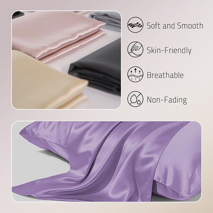 Gabire Mulberry Silk King Size Pillow Cases Set of 2, Ultra Smooth Soft Cooling Organic Silk Pillowcases with Hidden Zipper, Prevent Acne Silk Pillow Cases 2 Pack King (20"×36"), Lavender