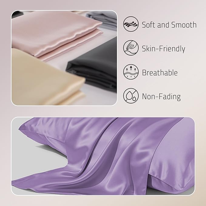 Gabire Mulberry Silk Queen Size Pillow Cases Set of 2, Ultra Smooth Soft Cooling Organic Silk Pillowcases with Hidden Zipper, Prevent Acne Silk Pillow Cases 2 Pack Queen (20"×30"), Lavender
