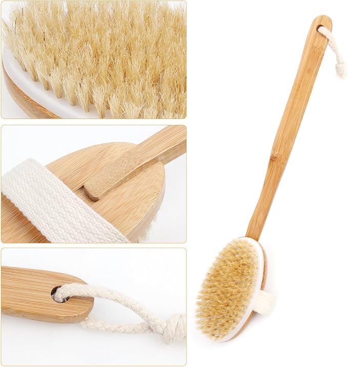 Bath Body Brush & Shower,Dry Skin Brushing with 100% Natural Boar Bristles & 16 inches Long Bamboo Detachable Handle,Back Scrubber for Exfoliates & Stimulates Blood Circulation-by Qlben