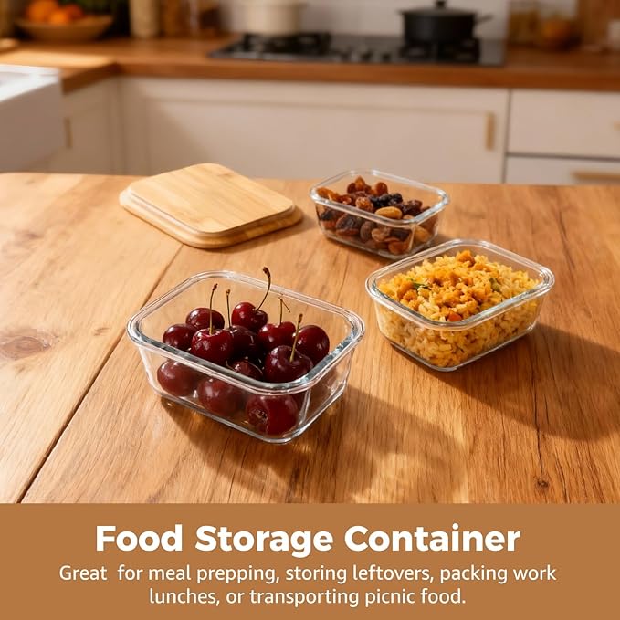 3 Pcs Glass Containers with Silicone-Sealed Wood Lids, 12.5 oz - 35.2 oz Stackable Meal Prep Food Storage Containers Set, Reusable Lunchbox for Picnics, Lunches