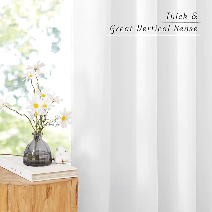 NICETOWN White Semi Sheer Curtains 96 inches Long, Rod Pocket & Back Tab Linen Blend Light Filtering Window Treatments Privacy Added Drapes for Living Room, W55 x L96, 2 Panels