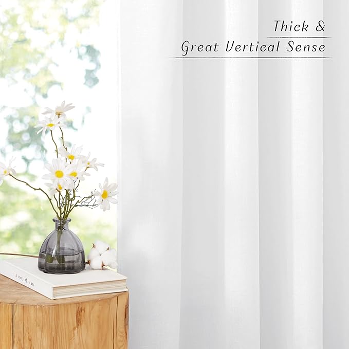 NICETOWN Linen White Curtains for Living Room, Rod Pocket & Back Tab Flax Linen Window Treatments Privacy Added with Light Filtering Drapes for Bedroom/Nursery, W55 x L95, 2 Panels