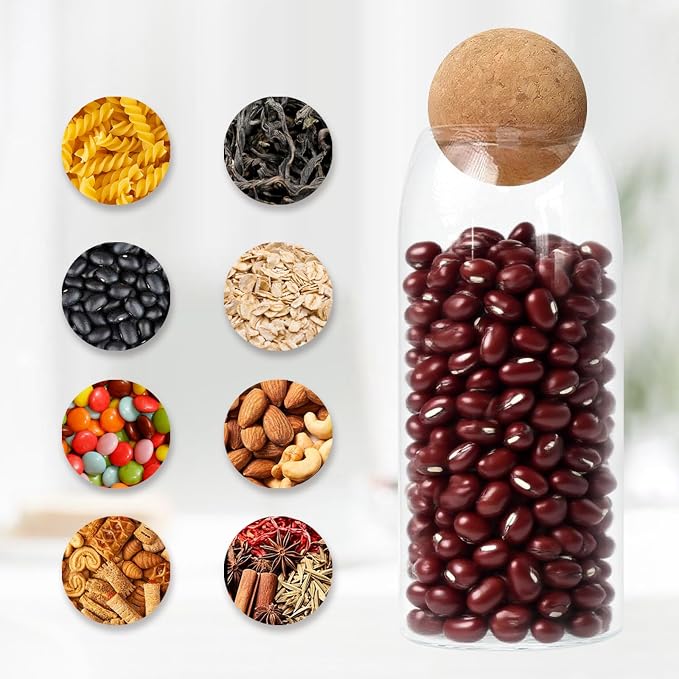 Glass Jars with Cork Ball - Glass Tea Coffee Sugar Canisters - Cereal Storage Containers - Tea Sugar and Coffee Containers Set - Set of 3 Clear Glass Jars with Lids(300ml/10Oz,500ml/17Oz,800ml/27Oz)