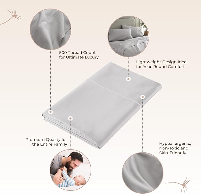 Certified Organic Queen Flat Sheet Only - 100% Organic Cotton Top Sheet with Luxurious Soft and Breathable 500 Thread Count Sateen Weave Finish - GOTS & Fairtrade Certified (Gray, Queen)