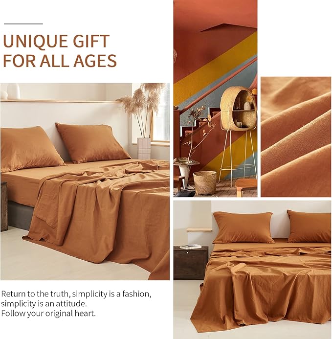 BISELINA Linen Sheet French Flax Flat Sheet Only 55% Euro Linen 45% Cotton Basic Style Solid Color Soft Breathable Farmhouse Top Sheet 1-Piece (Full, Rust)