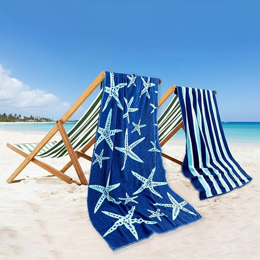 CASA COPENHAGEN Miami Bath Towels Designed in Denmark Rough and Tough, Quick Dry, for Pool, Bath & Shower 30"x60", 2 Pieces Cotton Beach Towels Set - Star Fish Navy + Turquoise Stripe