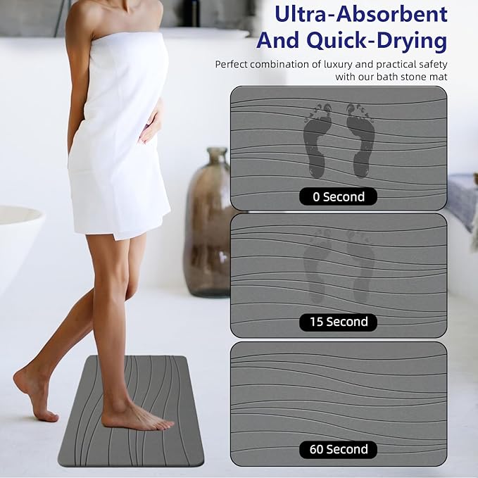 Fast Drying Stone Bath Mats for Bathroom, Non-Slip Diatomaceous Earth Bath Mat, Super Absorbent Bath Mat Stone Dark Gray Wave