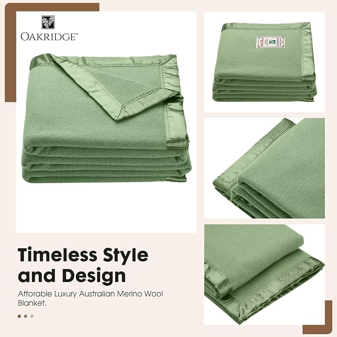 OakRidge Heirloom Merino Wool Blanket – 100% Australian Wool with Vintage Satin Edges – Breathable, Odor-Resistant, All-Season Bedding in Full Queen Size – Sage Cozy Throw for Home or Travel
