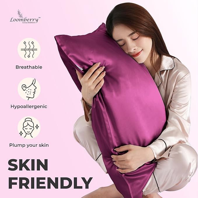 100% Pure Mulberry Silk Pillowcase for Hair and Skin, 6A Grade 22 Momme Silk Pillow Cases with Zipper, Soft Cooling Washable Both Sided Silk Pillow Cover (Crimson Purple, Standard 20''x26’’)