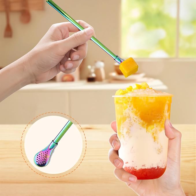 2 Pieces Stainless Steel Straw Spoon Filter with 2 Cleaning Brush, Reusable Tea Spoon for Loose Tea, Yerba Mate Straw, Metal Drinking Straws, Coffee Stirrers for Drinks Milk Beverage (Silver)