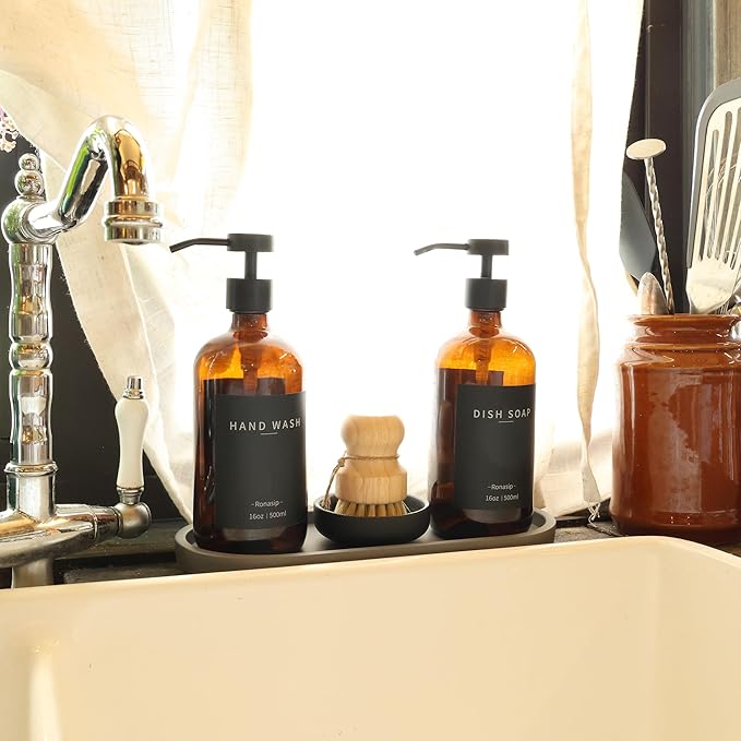 Ronasip Set of 5 Kitchen Soap Dispenser Set 16 Oz Glass Hand Dish Soap Dispenser with Stainless Steel Pump, Cement Tray, Dish Scrub Brush for Farmhouse Rustic Home Bathroom Decor (Brown)