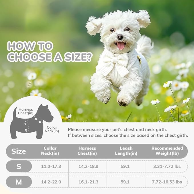 Small Dog Collar Harness and Leash Set with Bowtie, Adjustable Dog Harness Collar and Leash Set with Secure Metal Buckle, Breathable Cotton Adjustable Pet Puppy Harness, Easy Walk Harness, S(14–18.9")