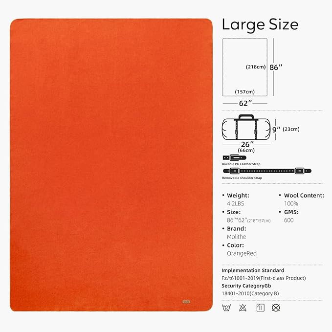 Molithe 100% Wool Blanket, 62" x 86", Warm, Thick, Washable, Military Wool Blanket, Great for Camping, Outdoors, Sporting Events, Survival Kits, OrangeRed