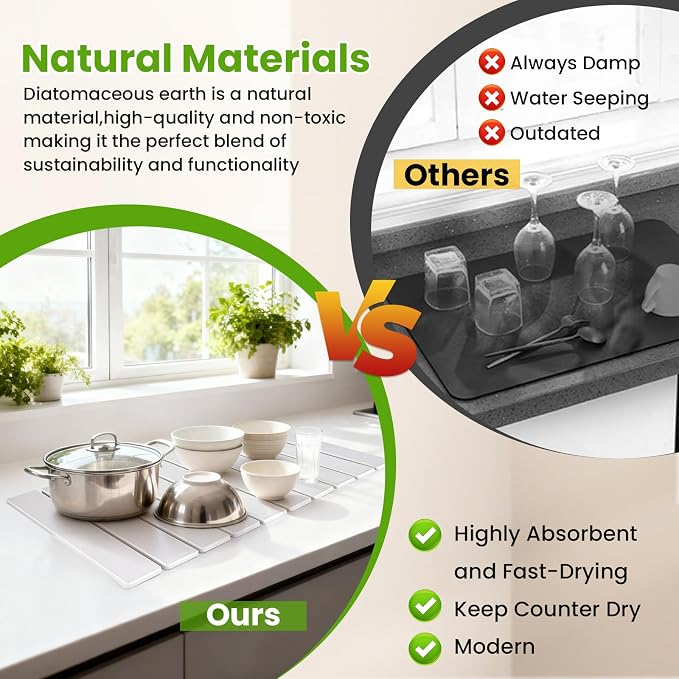 Stone Dish Drying Mat for Kitchen Counter, 24"x16" Large Quick Dry Stone Dishes Mats, Super Absorbent Diatomaceous Earth Drying Pad for Dishes, Cups, Bottles, Utensils