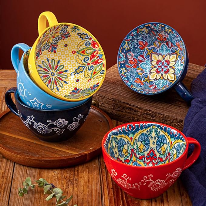Yellow Ceramic Mug, Bohemian Hand-Painted, 15 Oz Large Coffee Cup for Milk, Tea, Breakfast, Dishwasher & Microwave Safe Cup