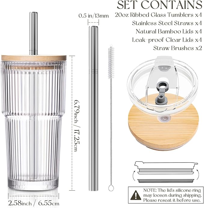 KEMORELA 20oz Ribbed Glass Tumblers with Reusable Stainless Steel Straws, Bamboo & Leak-Proof Dual Lids, Extra-Wide 13mm straw, 4Pc Vintage Drinking Glasses for Boba,Iced Coffee, Smoothies,Travel Cups