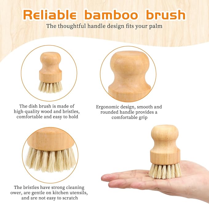 JJUNW 12 Packs Bamboo Dish Scrub Brushes, Wok Brush, Wooden Scrubbers Set | Bamboo Scrub Brush Clean Pan for Kitchen Sink Cleaning Cast Iron Pots and Pans