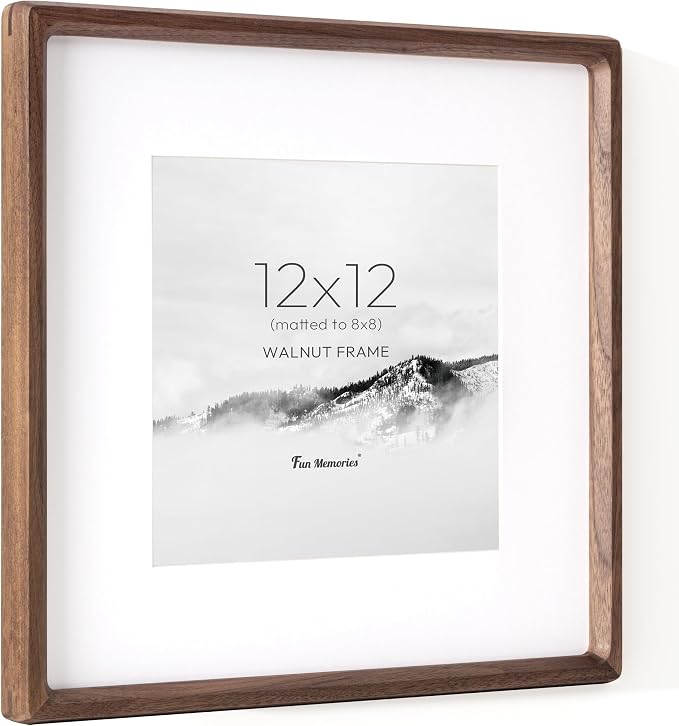 12x12 Frame, USA-Sourced Walnut Wood Photo Frames with HD Tempered Glass, Handcrafted Rounded Corner Square Wooden Frames Matted to 8x8 Photos, 12x12 Picture Frame, Tabletop or Wall Display