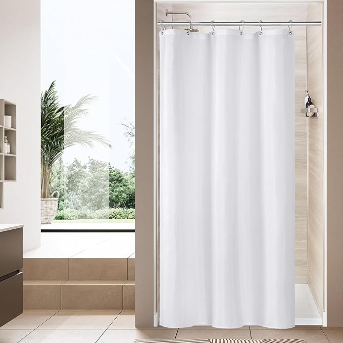 MitoVilla Small Stall Half Size Shower Curtain Liner, 36 x 72 Inch Fabric Bath Curtain Liner for Modern Hotel, White Shower Liners with Plastic Hooks, Washable & Water Repellent