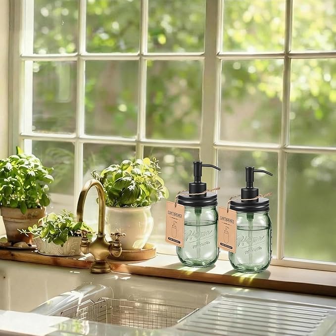 SheeChung Mason Jar Green Glass Soap Dispenser, Stainless Steel Pump, Refillable Dish soap Dispenser for Kitchen, 16Oz Bathroom Hand Soap Dispenser for Lotion, Liquid, Farmhouse Decor-Black, 1 Pack