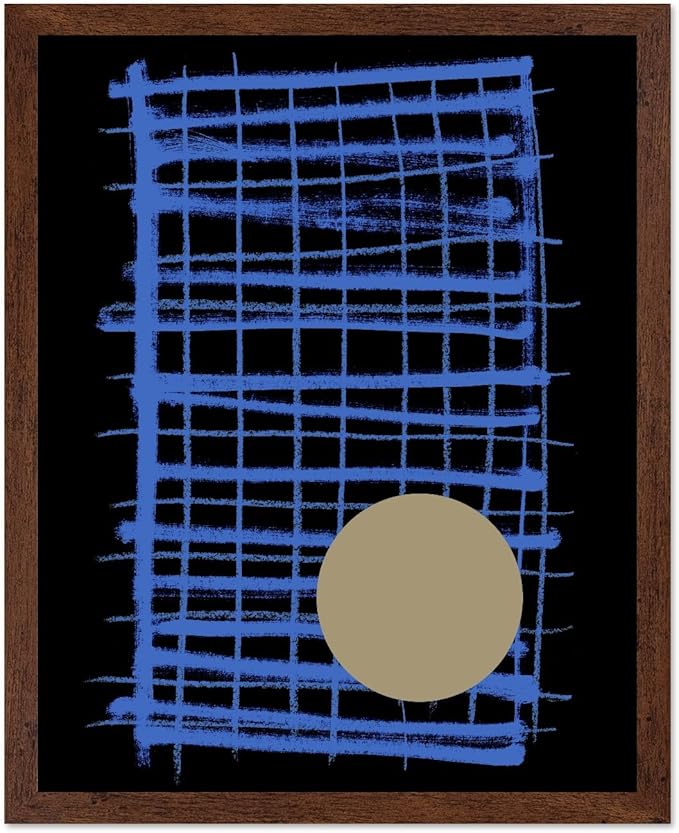 Monem Art Blue Grid Abstract Geometric Print - Modern Minimalist Art Poster - Wall Decor for Living Room, Bedroom or Office - 12x16 Brown Framed Wall Art by Mareike Bohmer