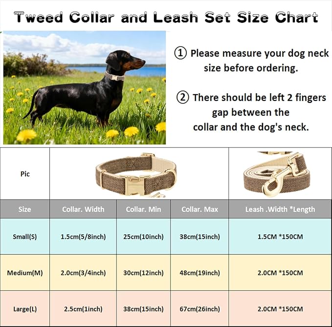 Luxury Soft Cotton Tweed Fabric Dog Collar & Leash Set with Gold Buckle – Durable Fabric, Stylish Design for Everyday Walks(Large Coffee)