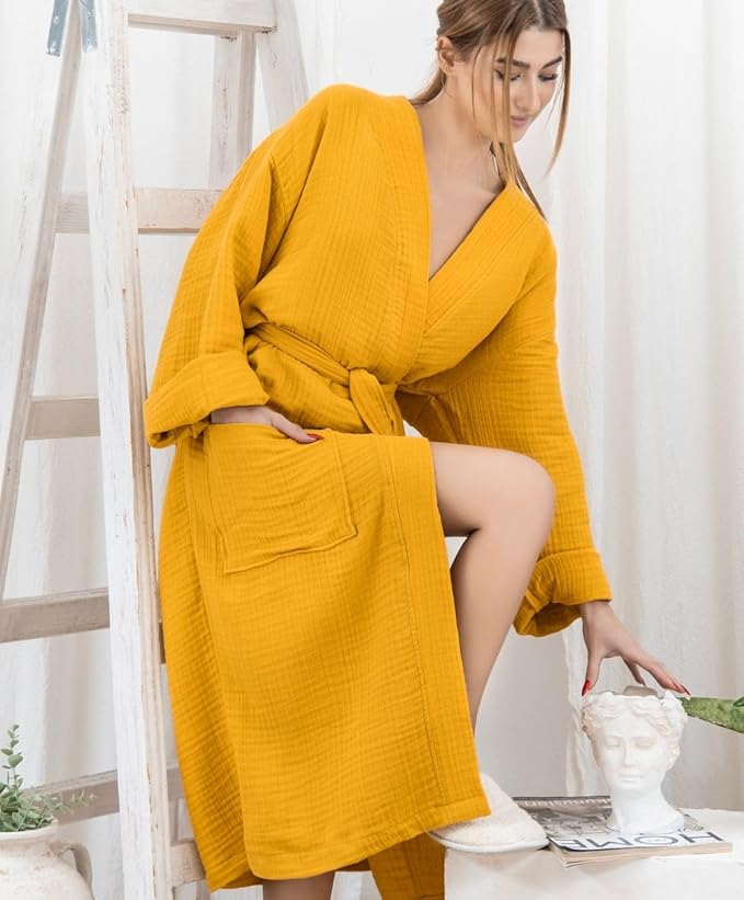 100% Cotton Muslin Kimono Robe for Women, Lightweight Gauze Bathrobe, Soft Breathable Spa Robe